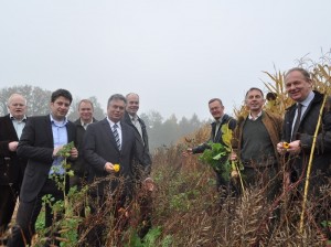 Ortstermin im Blühstreifen am Rande eines Maisfeldes: Jäger und Landwirt Hermann Hasemann, CDU-Landtagskandidat Christian Calderone, Jägermeister Martin Meyer Lührmann, CDU-Landtagsabgeordneter Clemens Lammerskitten, Vorsitzender der Kreisjägerschaft Thomas Lammerding, Leiter des Hegerings Bramsche Arndt Eggelmeyer, Landwirt Jan-Gerd Bührmann und Ausschussvorsitzender Clemens Große Macke (von links). Foto: Julia Kuhlmann